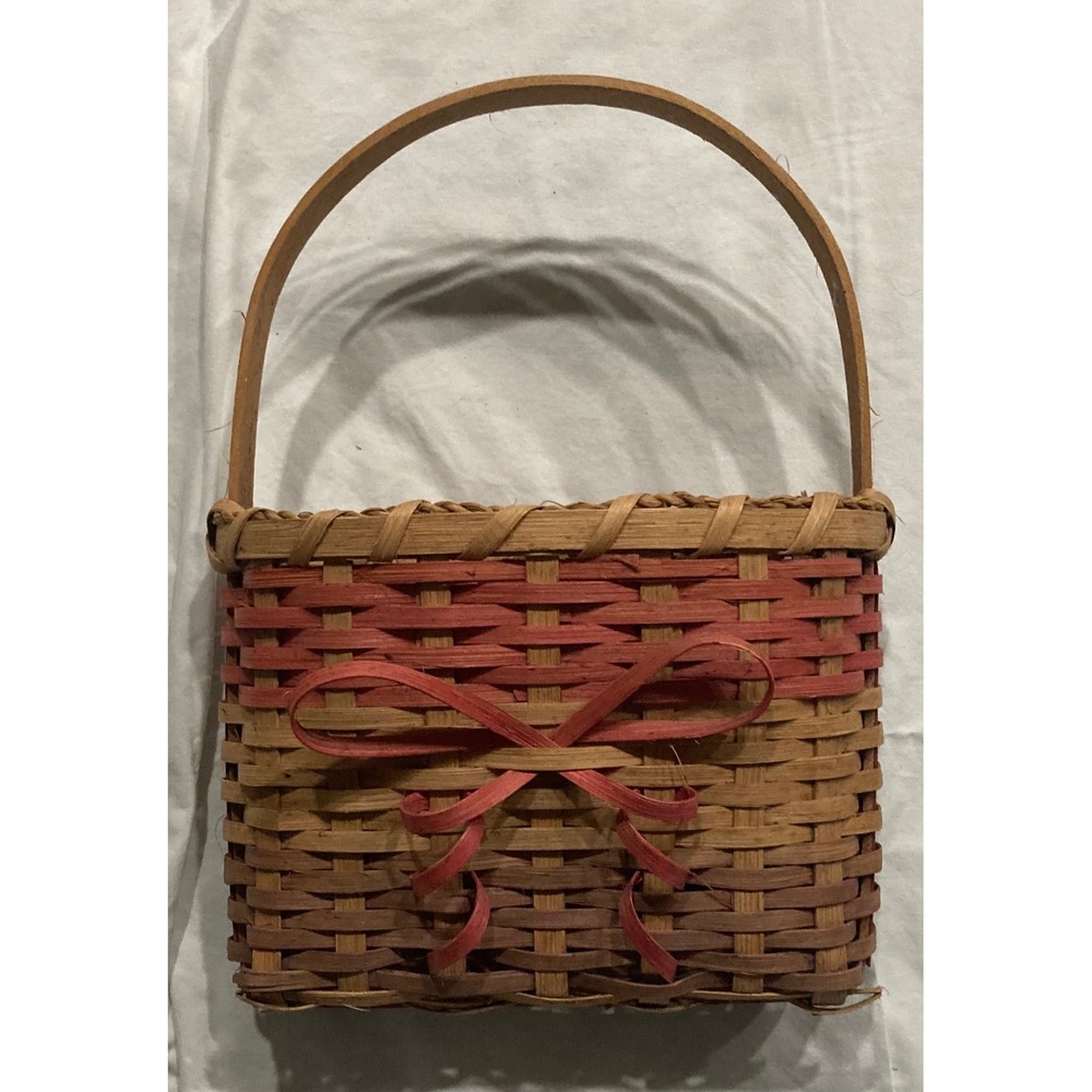 Vintage Woven Wall Hanging Basket Flat Back Pink Brown Bow Farmhouse Retro Boho